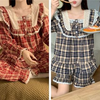 Set bộ mặc nhà sọc caro đỏ tay dài quảng châu