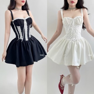 TADstore - Layana Linen Vintage Dress đầm xoè dây phối ren