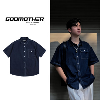 Áo Sơ Mi Denim GODMOTHER Áo Sơ Mi Basic Form Rộng Nam Nữ Unisex Phong Cách Tối Giản Xuân Hè 2025