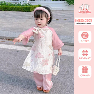 Áo Dài Tết Cho Bé Gái Họa Tiết Sen Hồng Chất Lụa Cao Cấp Lana Kids - FORM NHỎ NHÍCH SIZE