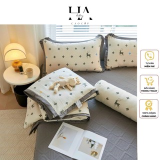 Bộ chăn ga gối trần bông kèm gối ôm, set 5 món chăn hè ga trần bông chất liệu cotton đũi mềm mịn, thoáng mát