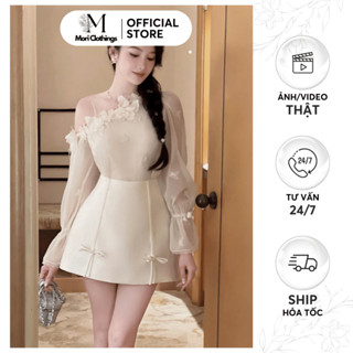 Set Áo Sơ Mi Lệch Vai Tơ Kem Ánh Nhũ Kết Hợp Chân Váy Tafta Thiết Kế Nữ N76 | MORI CLOTHINGS