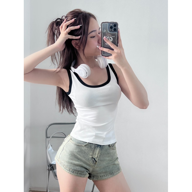 Áo Thun 3 Lỗ Cổ Rộng Phối Viền Thể Thao, Áo Ba Lỗ Nữ Phong Cách Sexy Cá Tính | BigBuy360 - bigbuy360.vn