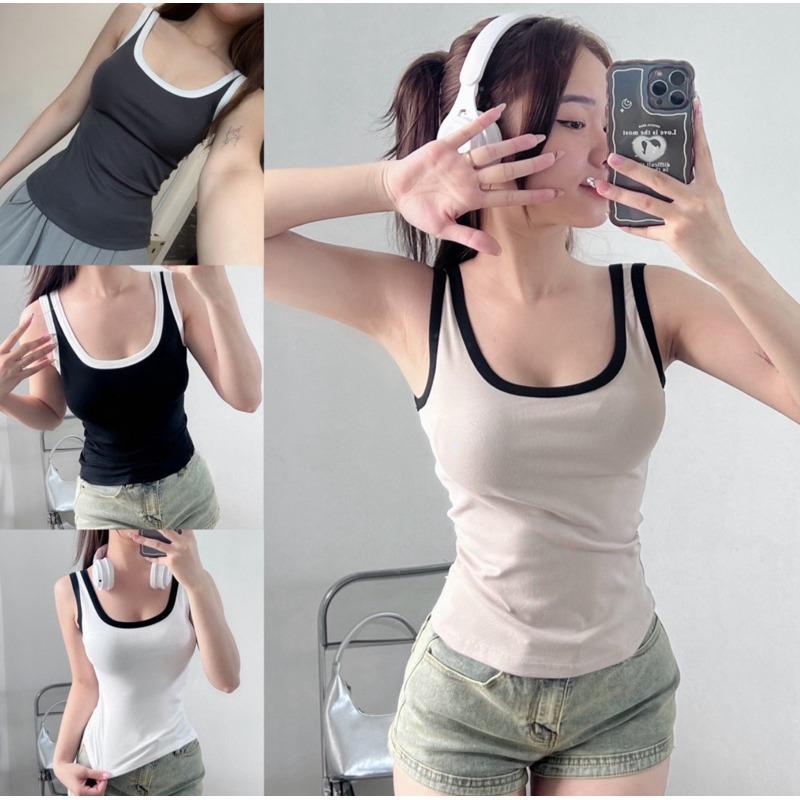 Áo Thun 3 Lỗ Cổ Rộng Phối Viền Thể Thao, Áo Ba Lỗ Nữ Phong Cách Sexy Cá Tính