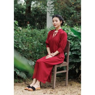 (Sơn Trà) đầm thiết kế chất liệu linen cổ tàu dáng xuông rộng