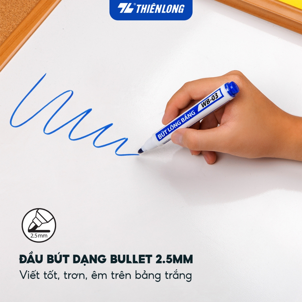 Hộp 10 Bút lông bảng WB-03 Thiên Long - Bút viết bảng trắng, đầu bút marker êm trơn, mực dễ xóa sạch, không hại da tay