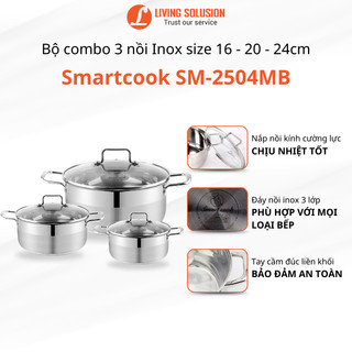 Bộ nồi inox elmich smartcook sm-2504mb 3 món, đáy 3 lớp, size 16,20,24cm chống dính 3d