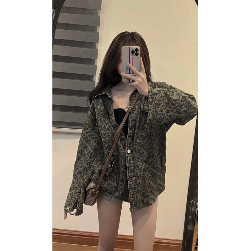 Áo khoác ngoài, áo khoác bò denim phối họa tiết dior from rộng hàn quốc