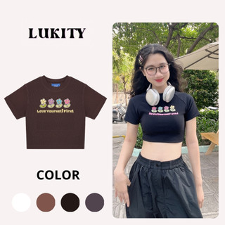 Áo croptop nữ tay ngắn ôm body in nổi hoa dễ thương LUKITY CT04