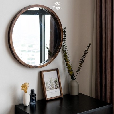 (HOẢ TỐC HÀ NỘI) Gương tròn viền gỗ tự nhiên FEGO cho bàn trang điểm, nhà tắm, decor quán cafe