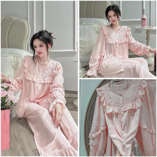 Bộ ngủ-mặc nhà tiểu thư pijama lụa Quảng Châu cao cấp bèo hồng