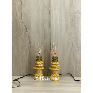 Đèn dầu bàn thờ sử dụng điện chân gỗ cao 22cm
