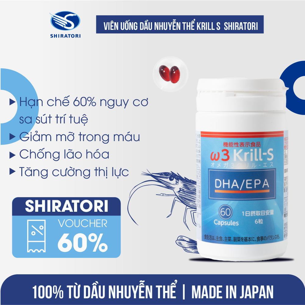 Viên Uống Dầu Nhuyễn Thể Omega 3 Krill S Giảm Mỡ Máu, Tốt Tim Mạch, Bổ Não- Lọ 60 Viên (560mg/viên) - Shiratori Nhật Bản