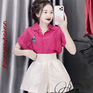 Hv - áo sơ mi gấu thêu tay cộc gập gấu chất đũi nhiều màu