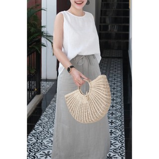 𝗠𝗔𝗬 𝗟𝗜𝗡𝗘𝗡 - chân váy midi thắt nơ linen tưng premium xẻ sau tôn dáng