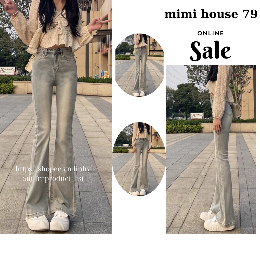 Quần jeans ống loe , Quần bò ống loe lưng cao màu xanh bạc bụi vàng Hot hè 2023 ND 08