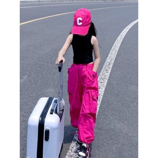  Quần túi hộp cargo pants màu hồng bé gái quần ống rộng vải kaki phối dây rút cạp chun cá tính năng động 
