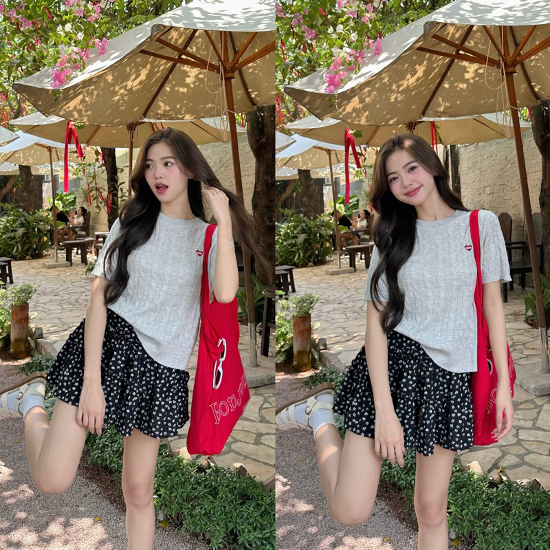 Chân váy hoa nhí đen bèo tầng dáng ngắn (ẢNH THẬT)