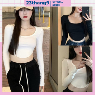  Áo croptop dài tay  áo thun nữ ôm body dài tay vạt bầu cổ vuông màu đen màu trắng vải thun gân đẹp mềm mịn A164 