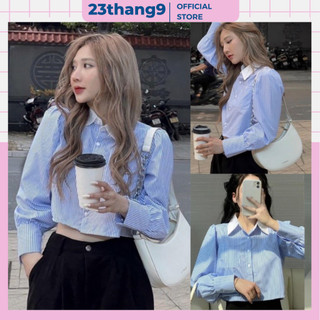 Áo sơ mi kẻ croptop , áo sơ mi dáng ngắn tay bồng màu xanh chất thô hot trend phong cách hàn quốc công sở 23thang9