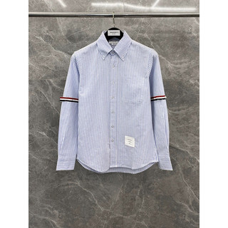 Áo sơ mi oxford thom brown tay dài sọc xanh, viền hai tay, đủ tags, cờ sau gáy, menswear womenswear shirt