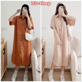 Đầm dáng dài liền thân chất đũi xước, váy sơ mi phối túi ngực 40-70kg có bigsize bầu bì mặc được - dt_shop
