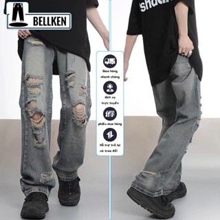 Quần jean nam rách ống rộng màu bạc rêu rách, quần bò nam rách gối quần ống rộng thời trang