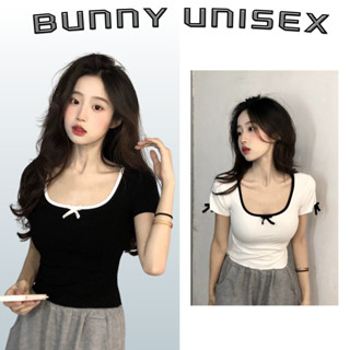 Áo coquette nữ cổ vuông đính nơ tay ngắn dáng ôm chât thun lạnh co giãn DELIZ  phối viền đen trắng trẻ trung BUNNY