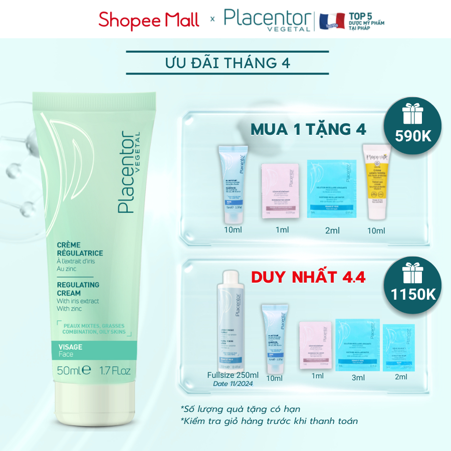 Kem dưỡng điều tiết bã nhờn cho da dầu, da hỗn hợp Placentor Regulating Cream 50ml