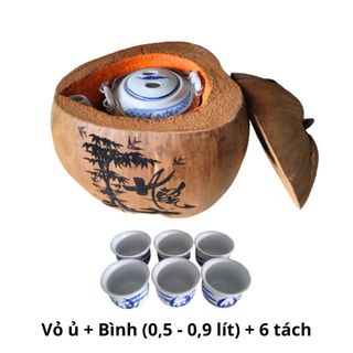 Bình ủ trà trái dừa khắc chữ Hiếu, Bình trà 0,4 + 0,9 lít, Sản phẩm sản xuất thủ công tại Bến Tre