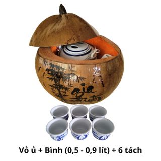 Bình ủ trà trái dừa khắc chữ Gia đình, Bình trà 0,4 - 0,9 lít, Hàng mỹ nghệ trứ danh xứ dừa Bến Tre