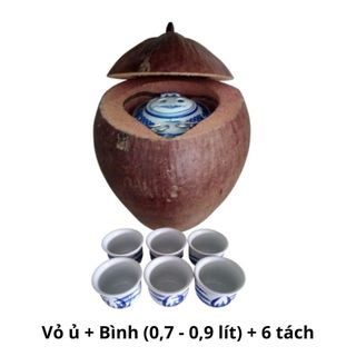 Bộ bình ủ trà trái dừa không sơn, Màu nguyên thủy trái dừa, Bình trà 0,7 - 0,9 lít