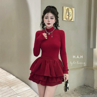 Set áo cổ lọ dài tay kèm chân váy xòe tầng bồng siêu hot mk0018