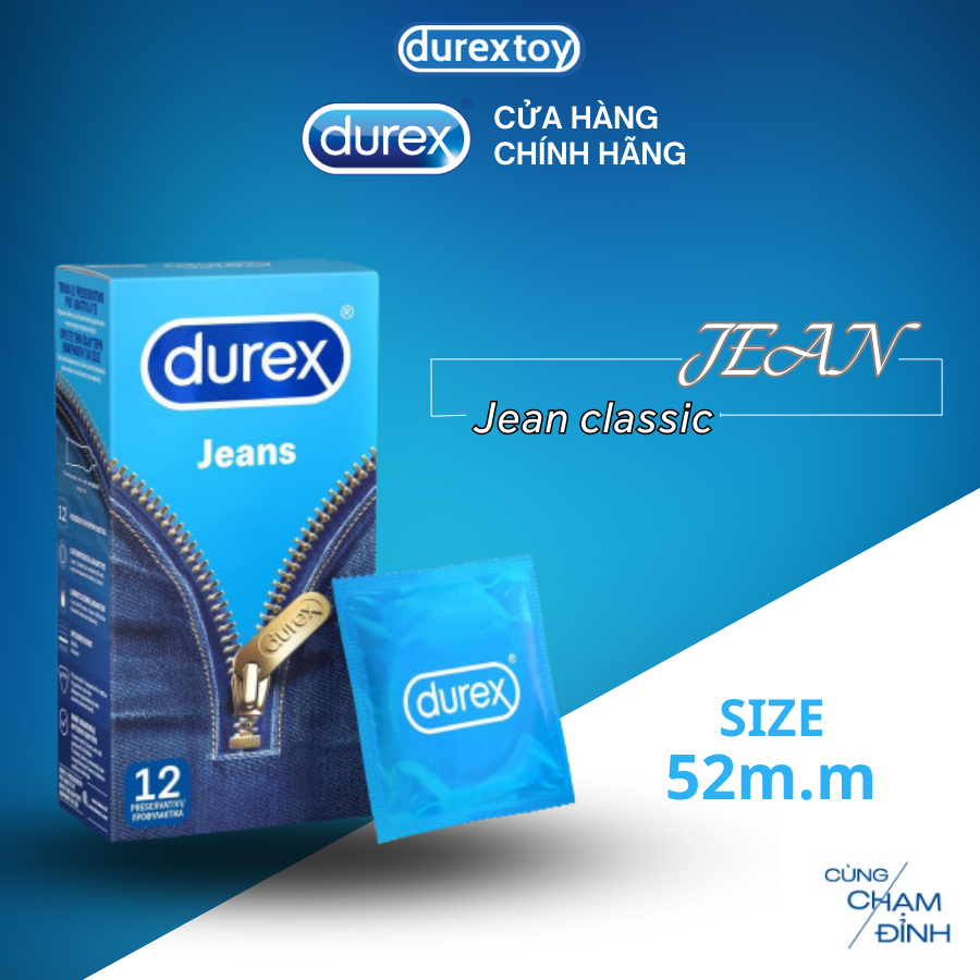Bao cao su Durex Jeans cơ bản, bôi trơn, size 52.5mm, hộp 12 bao  - Durextoy