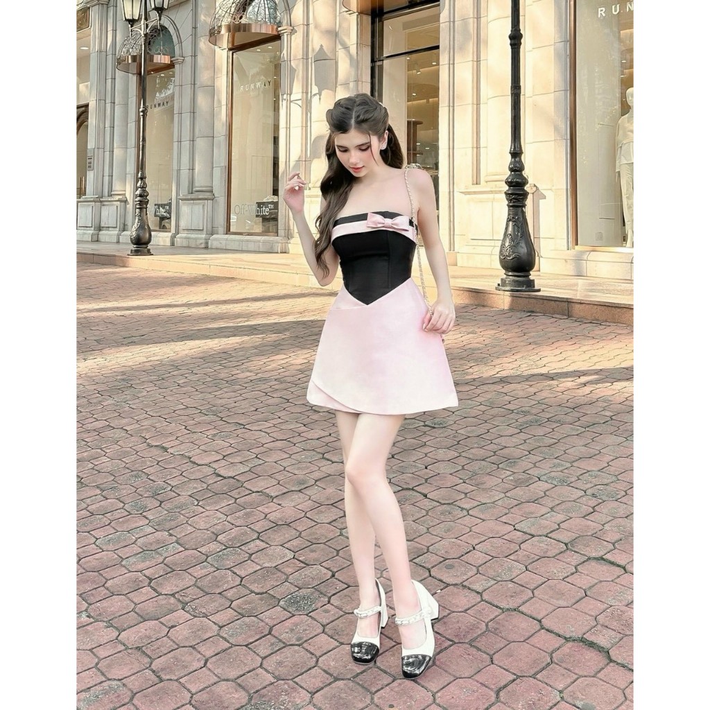 LORIS - Jazzie Dress, Đầm cúp màu hồng kèm nơ tiểu thư