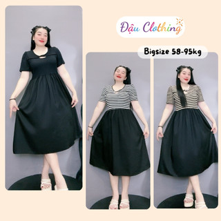 Đầm bigsize nữ cổ tròn khoét ngực tay ngắn dáng váy midi xòe tôn dáng chất thun gân co giãn G210