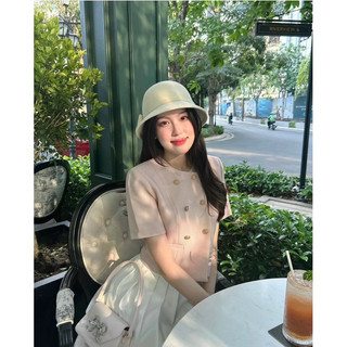 Set áo dạ tweed hồng mix chân váy