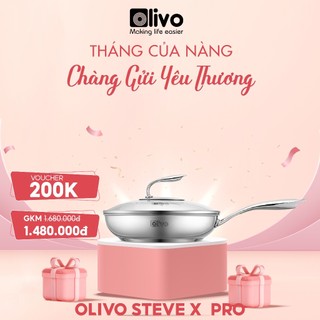 Chảo inox 304 Olivo Steve X Pro cao cấp đáy 5 lớp có nắp kính cường lực - size 24cm
