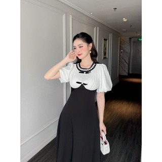Đầm Amy  đầm đen cổ xếp ly đính nơ ngọc trắng,váy ngắn dáng A tiểu thư cao cấp chất liệu tuyết mưa hàn S30