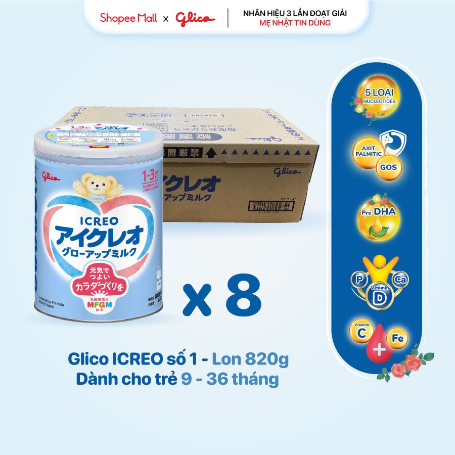 Thùng 8 Lon Sữa Bột Glico Icreo Grow - Up Milk (Icreo Số 1) Lon 820g