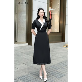 Đầm xòe cổ vest thêu cổ - đen 4429