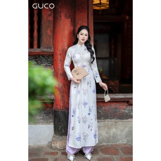 Áo dài dương đào hoa tím - kem ad10