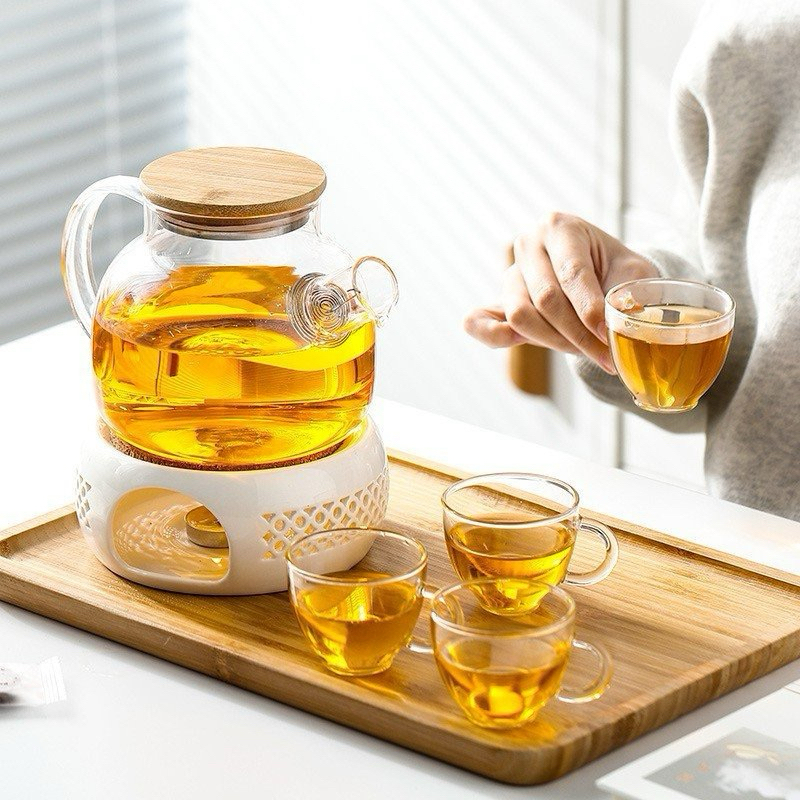 Bộ bình trà thuỷ tinh, đế nến sứ, ly/ tách thuỷ tinh nhỏ, bình trà thuỷ tinh nắp gỗ cốc thuỷ tinh có
