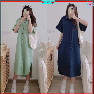 Đầm Sơ Mi Chất Đũi Xước Nhật From Rộng Dáng Dài Mặc Hè Mát - Váy Bầu Xẻ Tà Ulzzang Bigsize - g5.shop