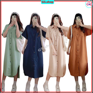 Đầm suông cổ sơ mi chất đũi xước Nhật mềm mát bốn màu, váy dài liền thân vạt bầu basic - g5.shop