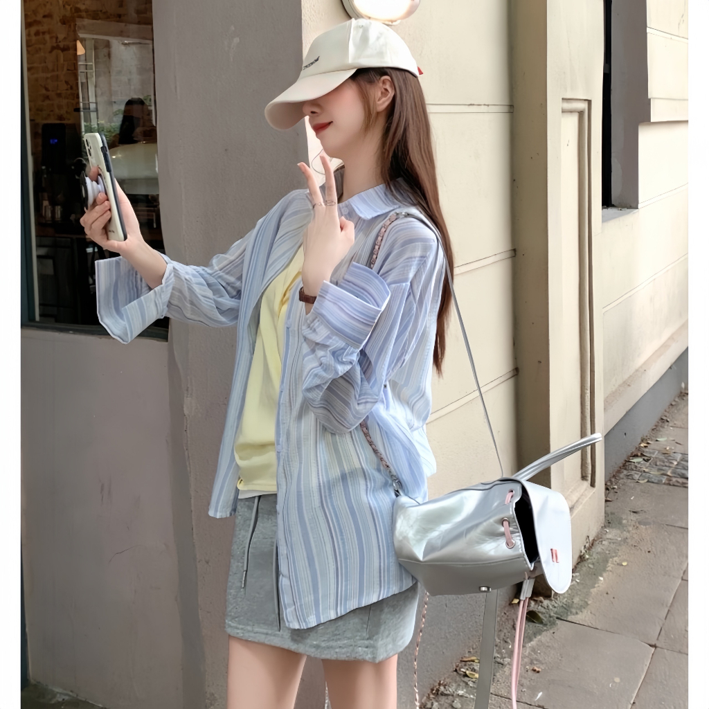 [ A01 ] Áo sơ mi kiểu nữ dài tay kẻ sọc pastel  chất đũi 2 màu xinh Qiho | BigBuy360 - bigbuy360.vn