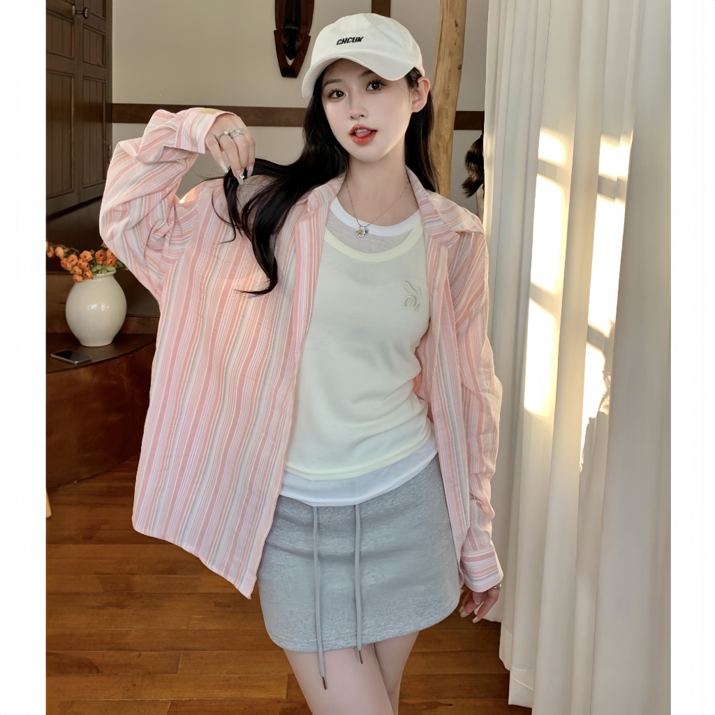 [ A01 ] Áo sơ mi kiểu nữ dài tay kẻ sọc pastel  chất đũi 2 màu xinh Qiho | BigBuy360 - bigbuy360.vn