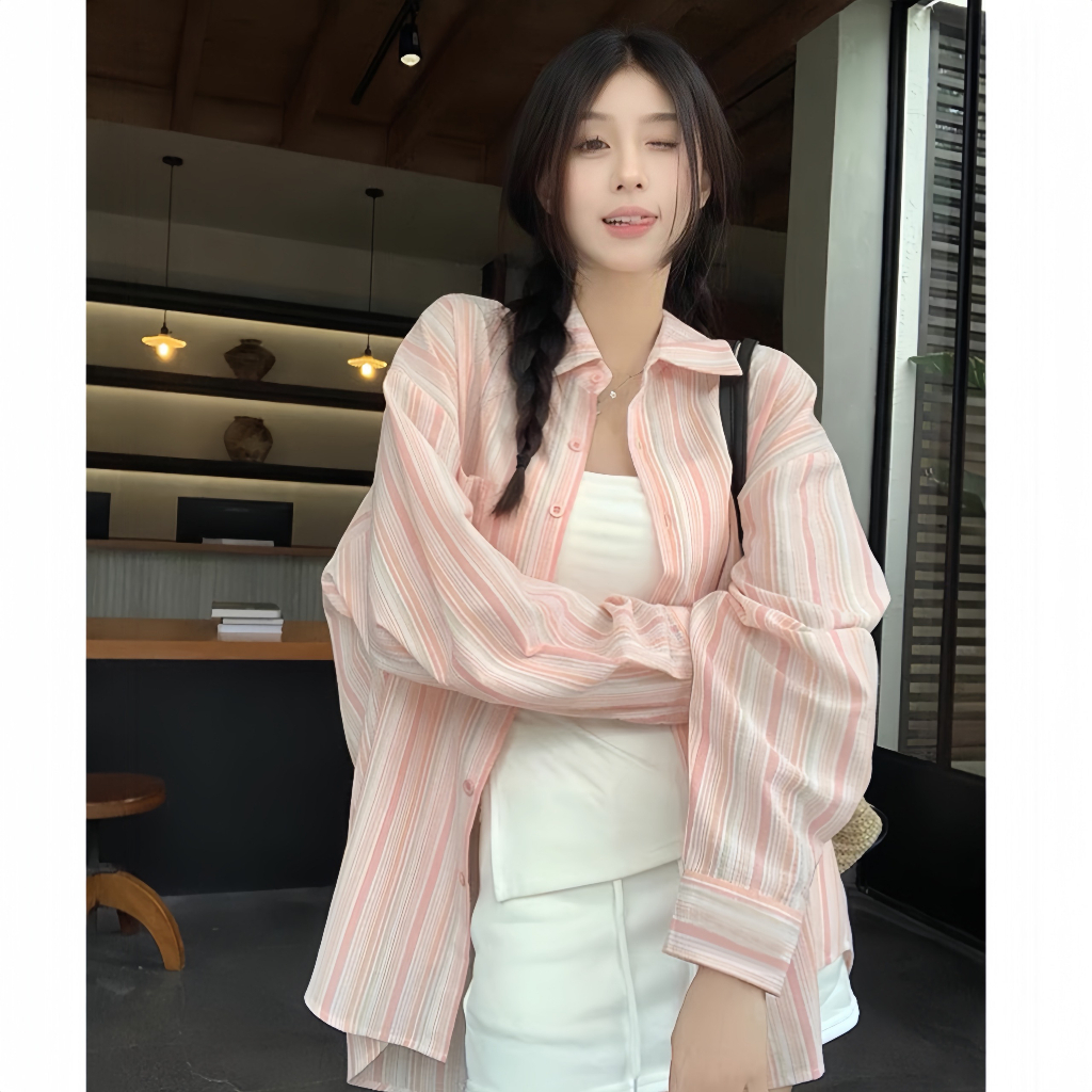 [ A01 ] Áo sơ mi kiểu nữ dài tay kẻ sọc pastel  chất đũi 2 màu xinh Qiho | BigBuy360 - bigbuy360.vn