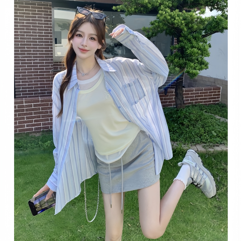 [ A01 ] Áo sơ mi kiểu nữ dài tay kẻ sọc pastel  chất đũi 2 màu xinh Qiho | BigBuy360 - bigbuy360.vn