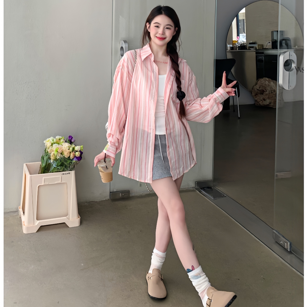 [ A01 ] Áo sơ mi kiểu nữ dài tay kẻ sọc pastel  chất đũi 2 màu xinh Qiho | BigBuy360 - bigbuy360.vn